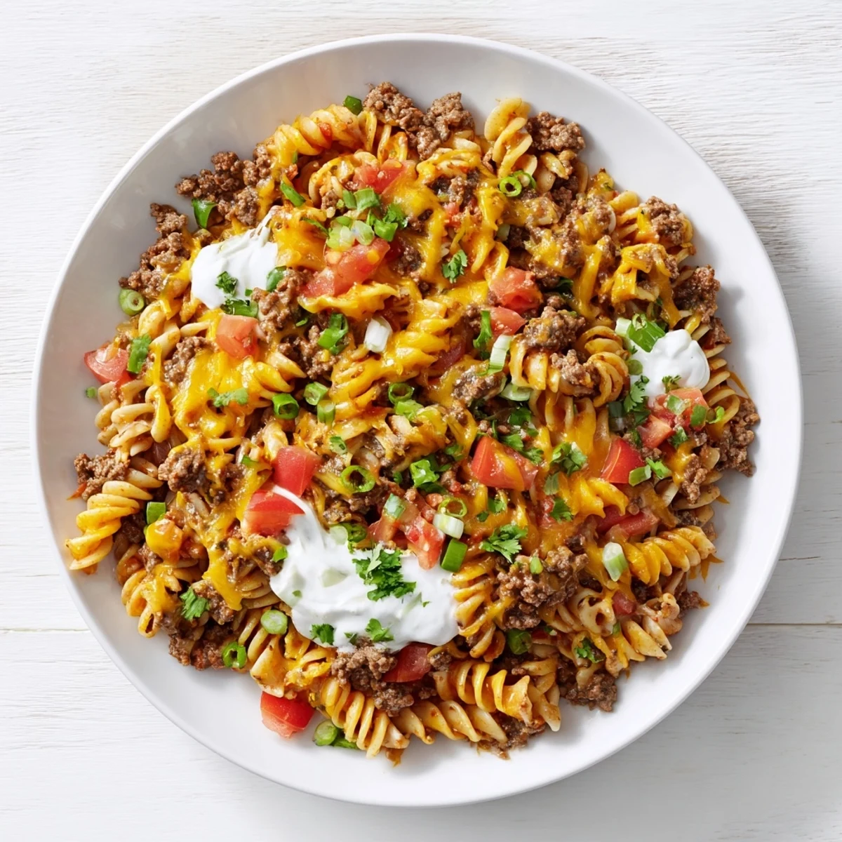 Quick and easy Cheesy Taco Pasta with a vibrant mix of ingredients and a blanket of melted cheese, a weeknight dinner.