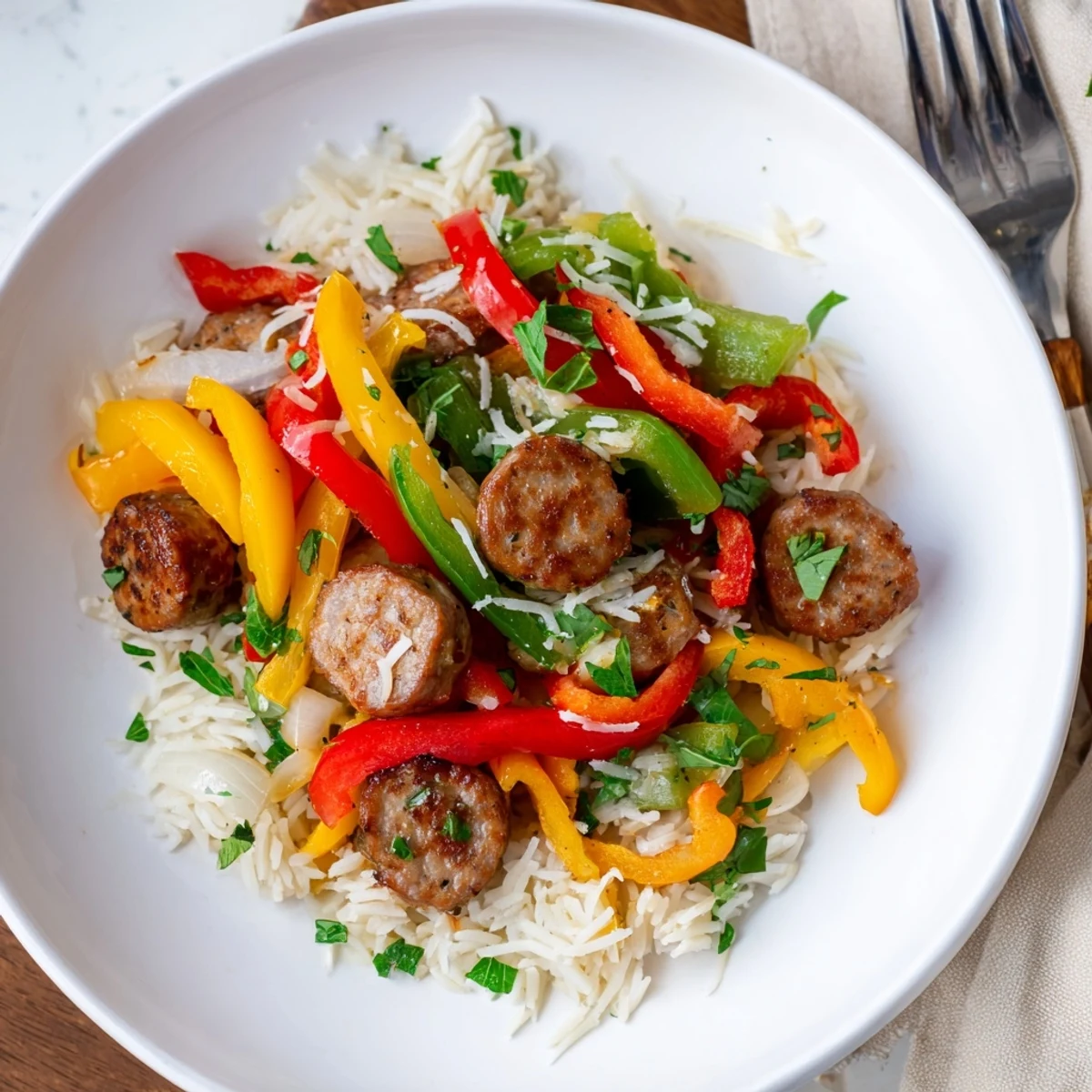 A steaming plate of Italian Sausage & Peppers Rice, showcasing fluffy rice and colorful vegetables.