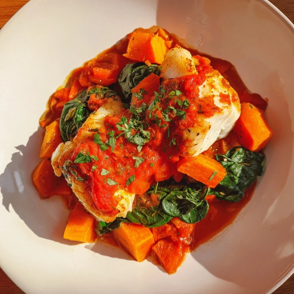A close-up of flaky Baked Cod, served with vibrant vegetables and herbed tomato sauce alongside.