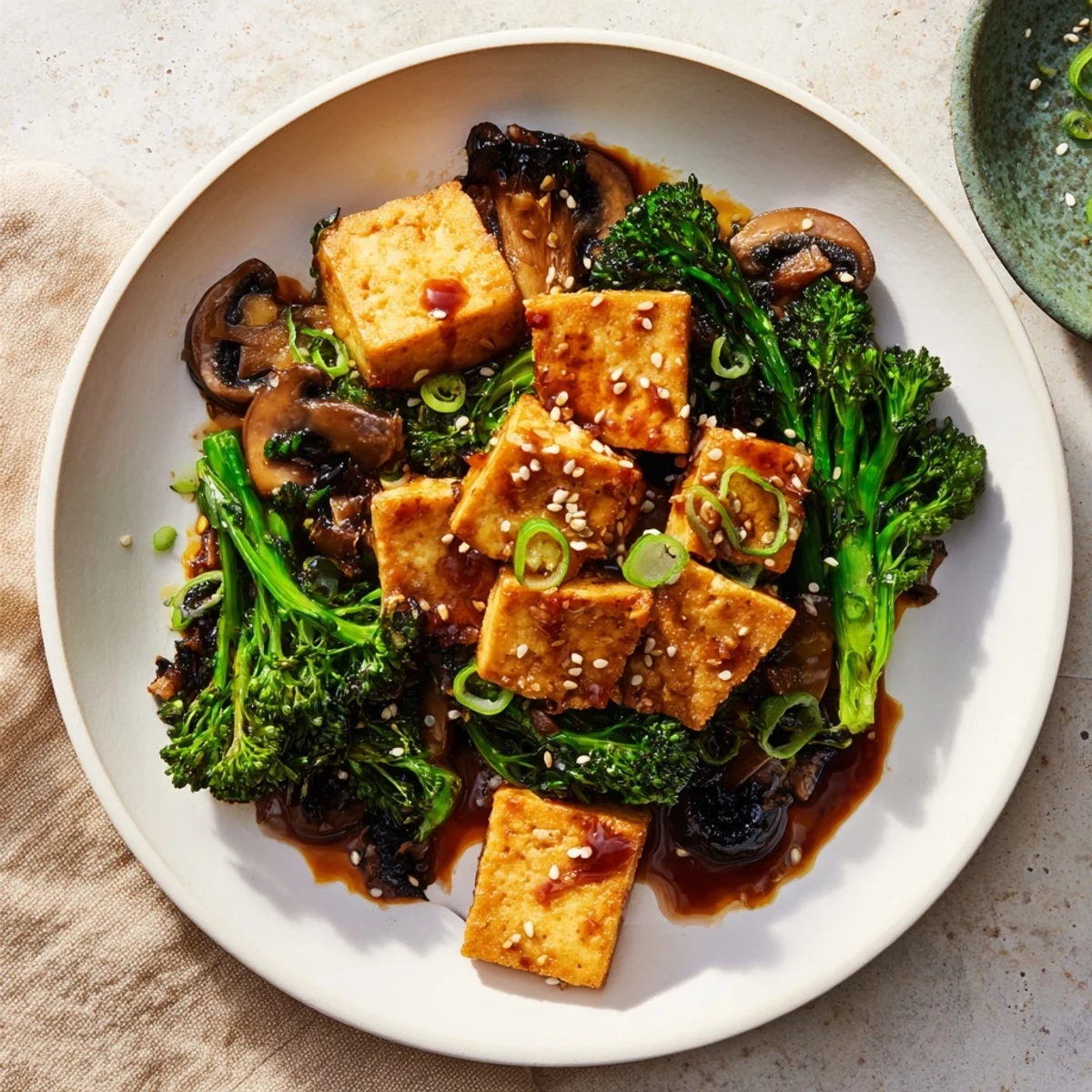 Golden, crispy edges of sautéed tofu steak with vibrant broccoli, shiitake mushrooms, and savory sauce.