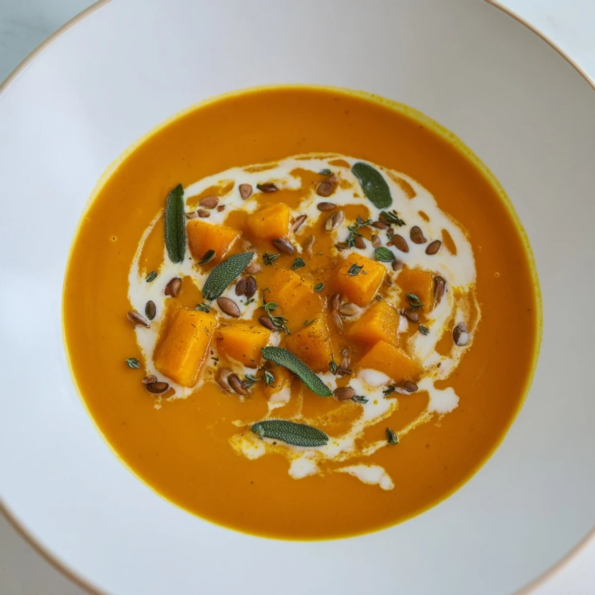 Creamy Chickpea, Pumpkin & Sage Soup, garnished with toasted seeds, ready to warm your soul.