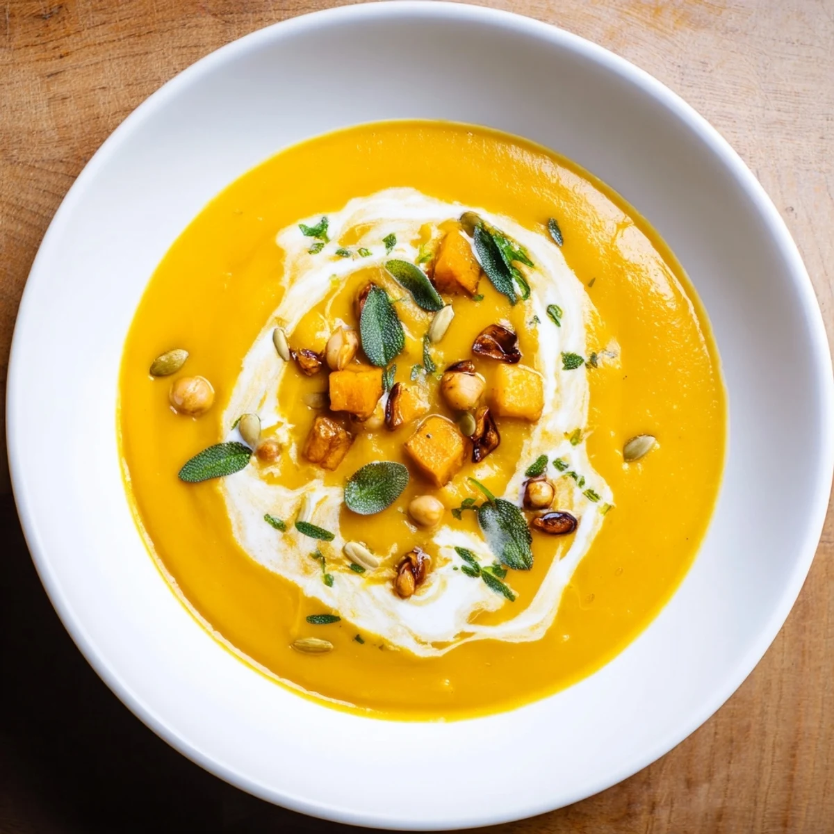 A vibrant bowl of Chickpea Pumpkin & Sage Soup, showcasing a smooth texture and rich flavor.