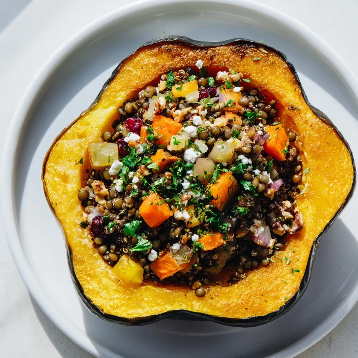 Warmly spiced Lentil & Walnut Stuffed Acorn Squash, with visible walnuts and tender squash halves.