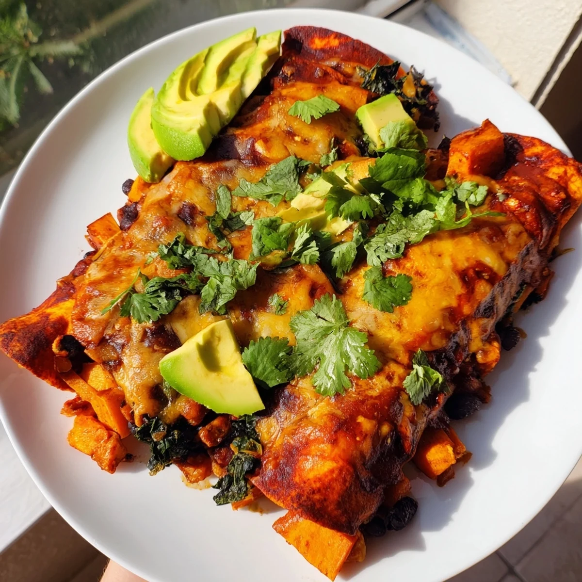 Warm One-Pan Sweet Potato, Black Bean & Kale Enchiladas, a colorful baked main course with melted cheese.