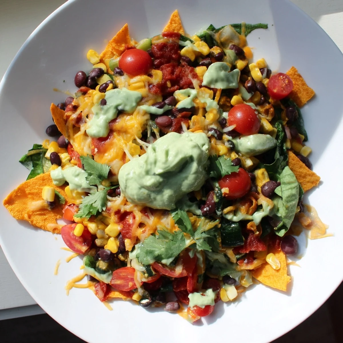 Steaming Veggie-Packed Taco Skillet with avocado yogurt: a colorful medley of vegetables and creamy sauce.