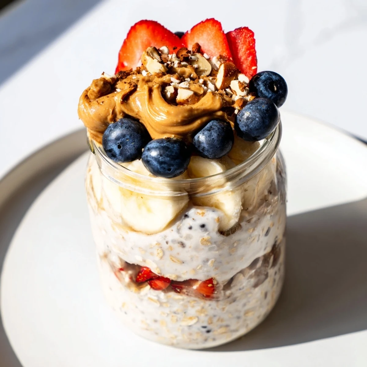 Overnight Oats Jars with layers of ripe fruit and creamy peanut butter ready to eat.