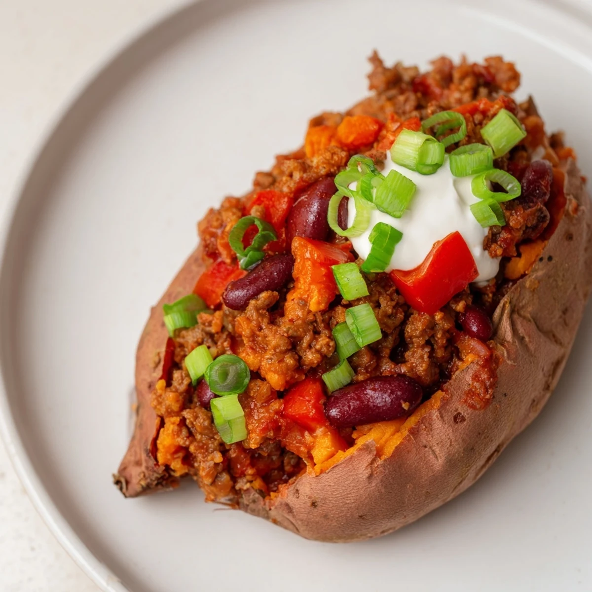 Savory baked sweet potato stuffed with chili, bursting with vibrant colors and rich aromas.