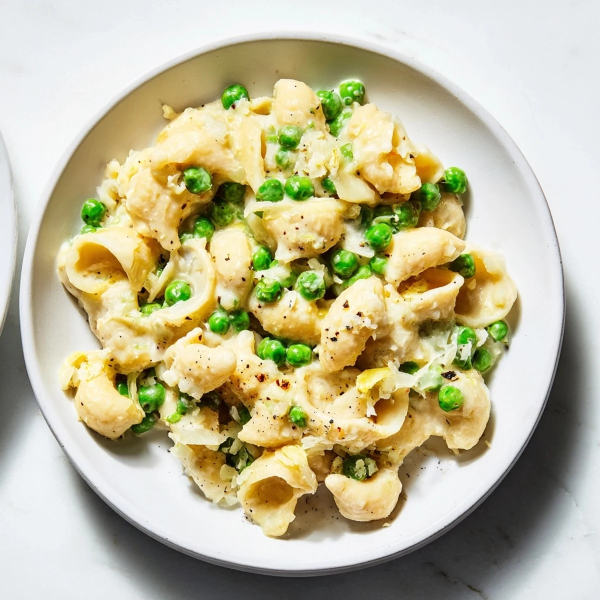Creamy macaroni and peas, a classic comfort meal, warm and inviting, ready to serve.