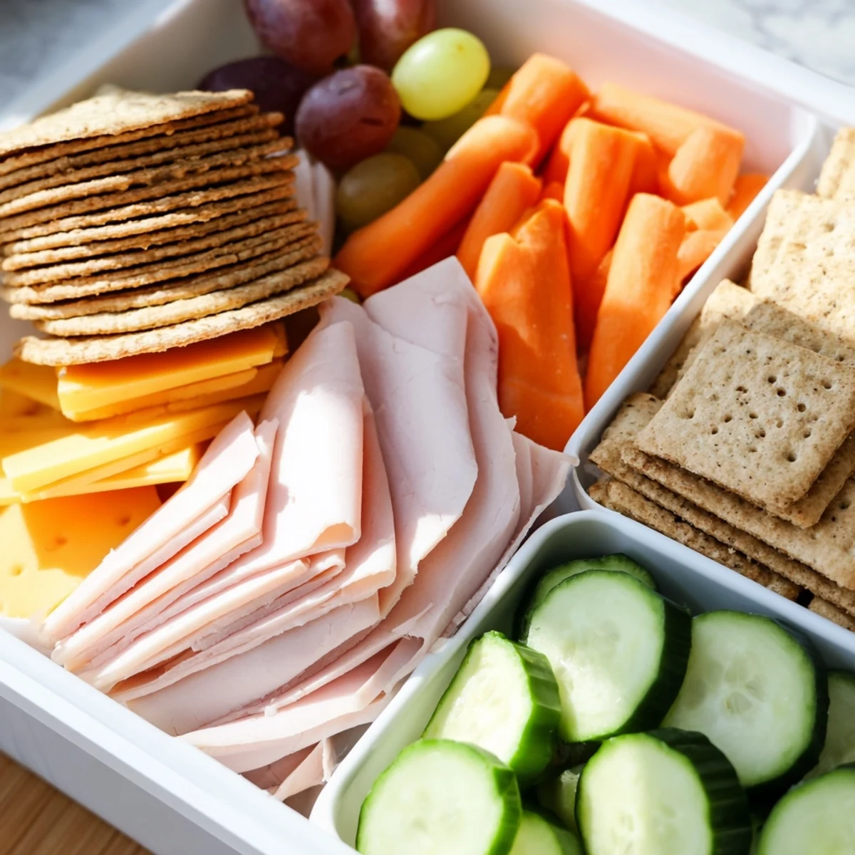 A visually appealing DIY Lunchables tray featuring colorful veggies alongside ham, turkey, and cheddar cheese.