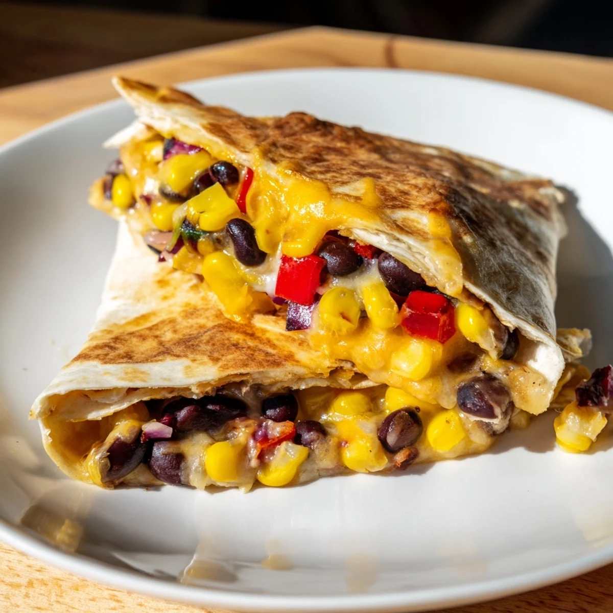 Golden, crispy Tortilla Wrap Hack, revealing layers of cheese, beans, and colorful vegetables for your enjoyment.