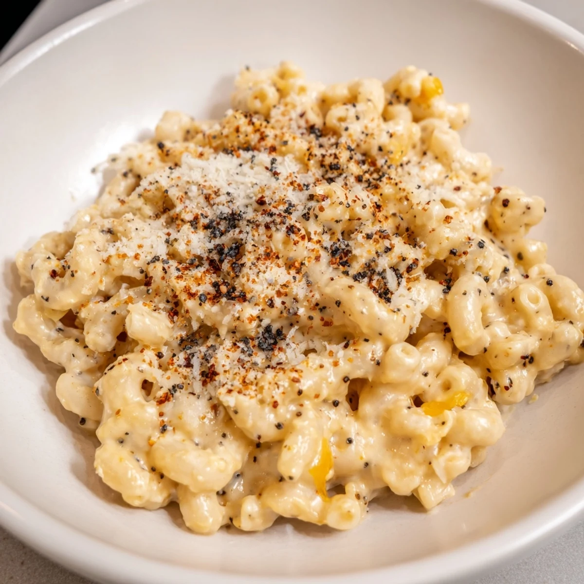 Steaming mug mac & cheese, topped with paprika, offers a warm, cheesy, and quick comfort meal.