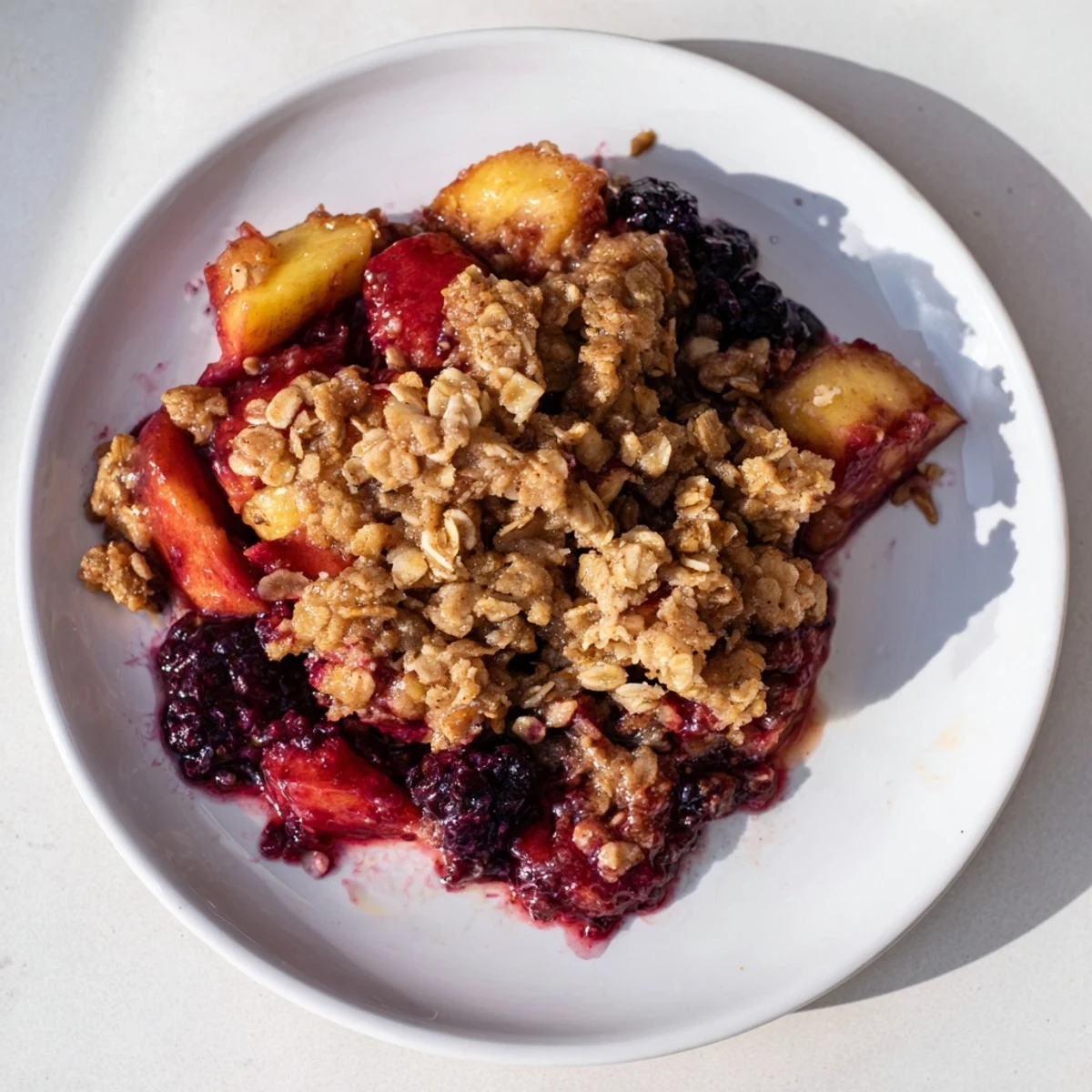 Golden brown Fruit Crisp with bubbling fruit, a warmly spiced, comforting American dessert.