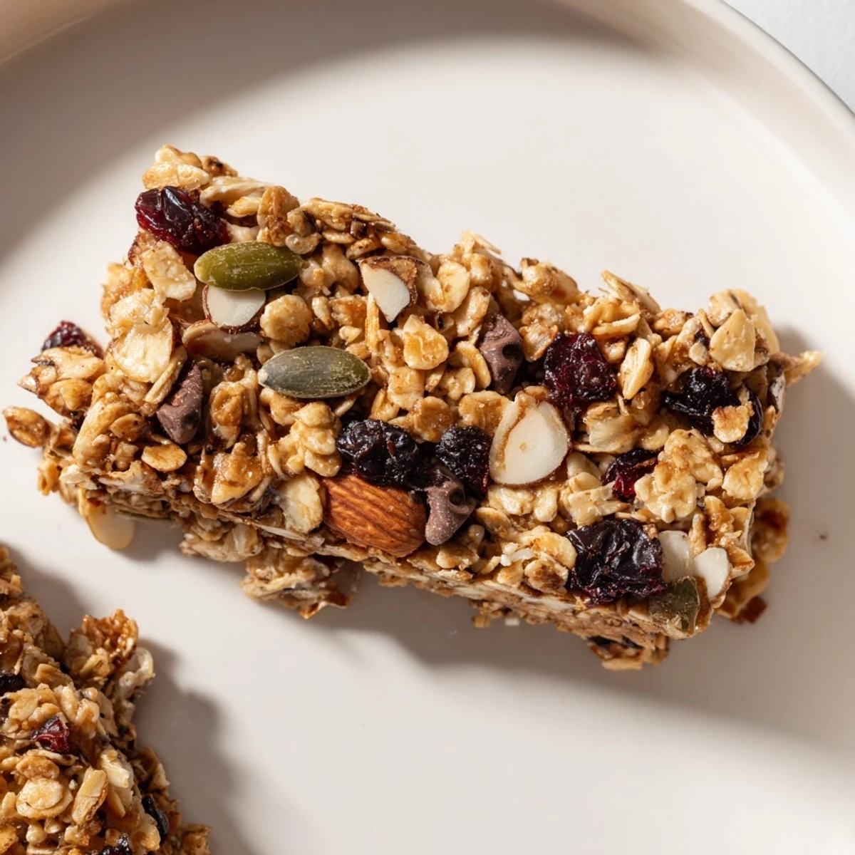 Close-up of a stack of healthy homemade granola bars, perfect for a quick breakfast or afternoon snack.