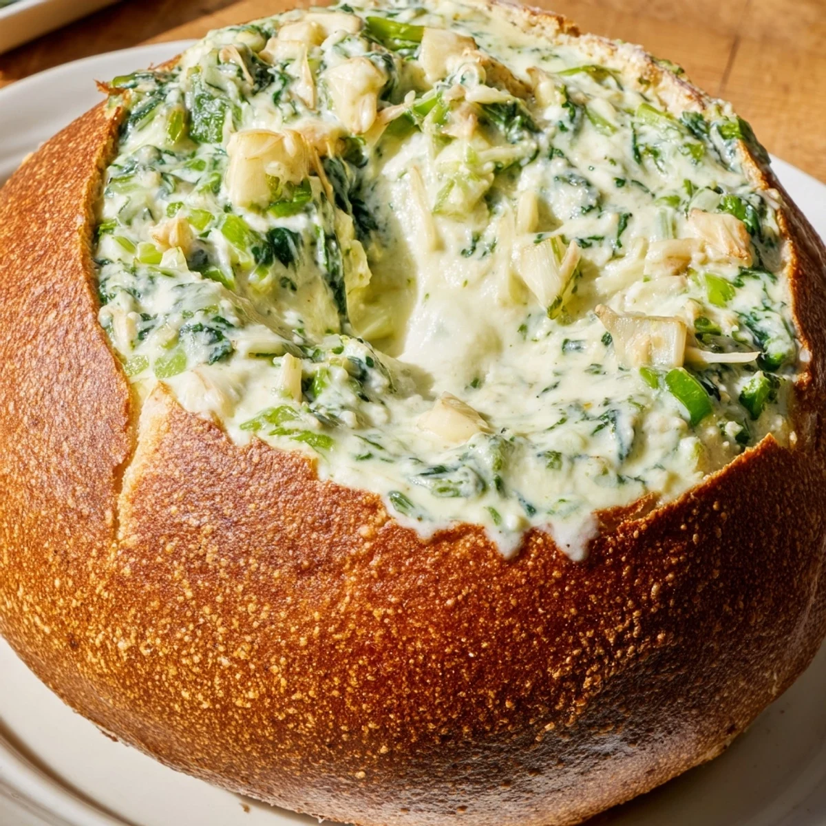 Creamy, warm Best-Ever Spinach Dip nestled in a golden, crusty bread bowl, ready to serve.