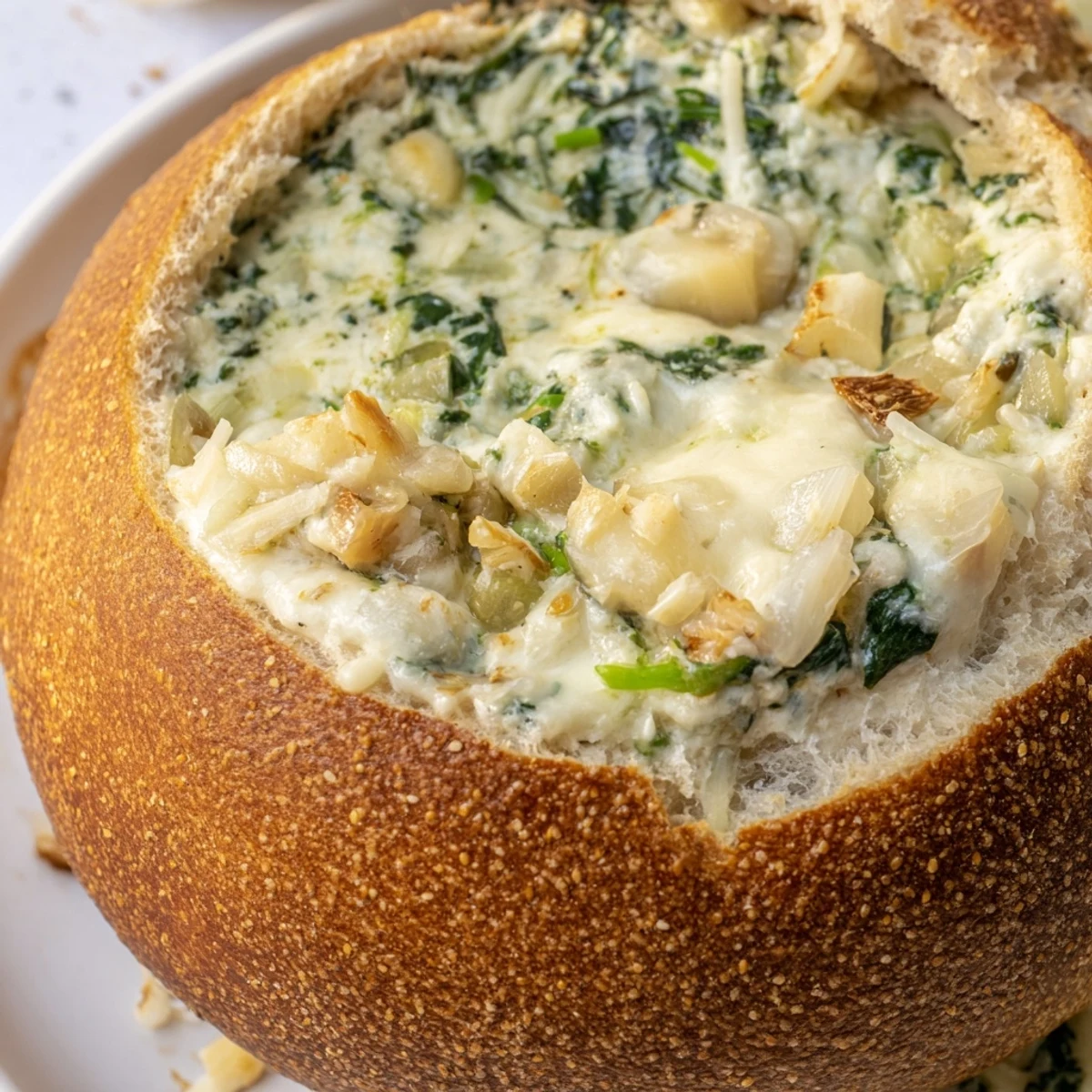 A bubbling, cheesy Best-Ever Spinach Dip, garnished with green onions, perfect for dipping vegetables.