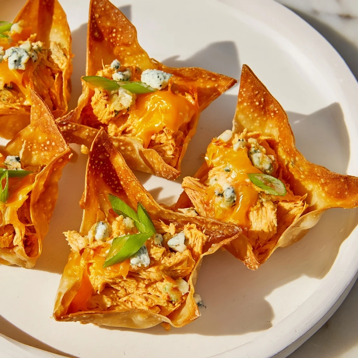 Crispy Buffalo Chicken Dip Pinwheel Wontons, golden-brown and baked until bubbly for the perfect appetizer.