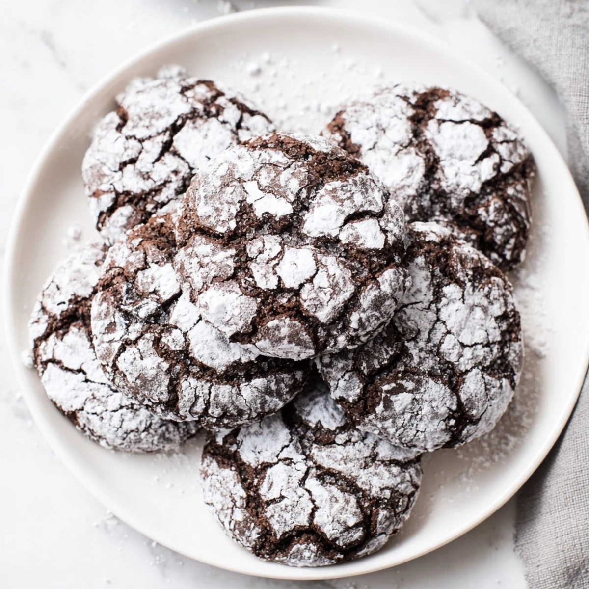 Warm, crackled Chocolate Gingerbread Crinkle Cookies dusted in powdered sugar, ready to enjoy.