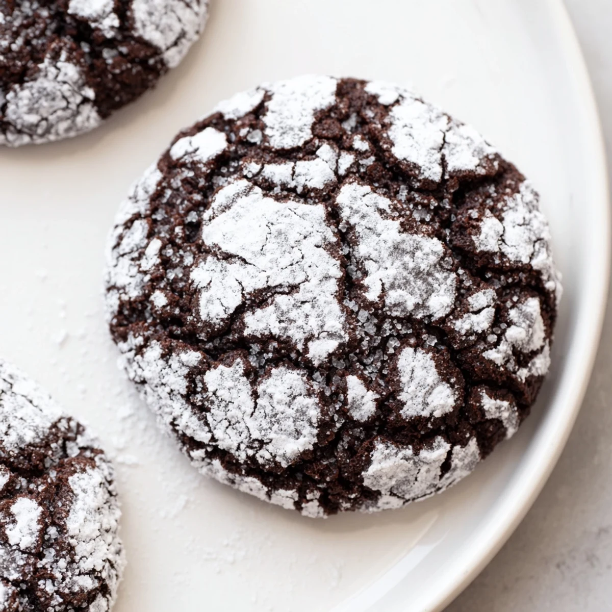 A plateful of beautiful Chocolate Gingerbread Crinkle Cookies, a perfect dessert for a holiday gathering.