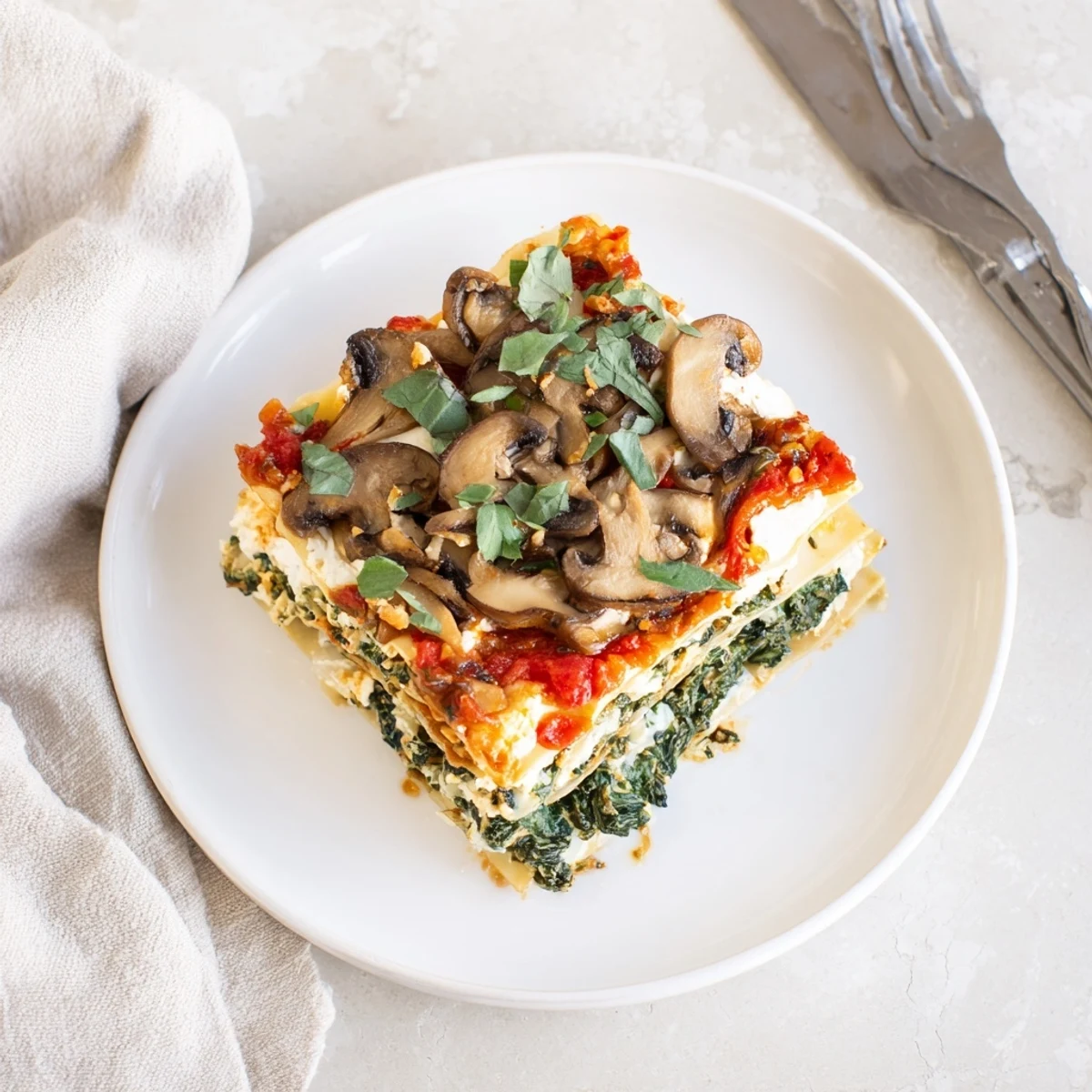 A close-up of a creamy Vegan Mushroom Spinach Lasagna, perfectly layered with rich tomato sauce.