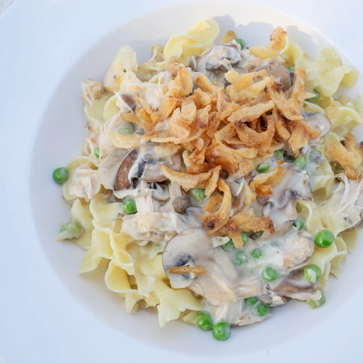 A close-up view of creamy tuna noodle casserole topped with crunchy fried onions, ready to eat.