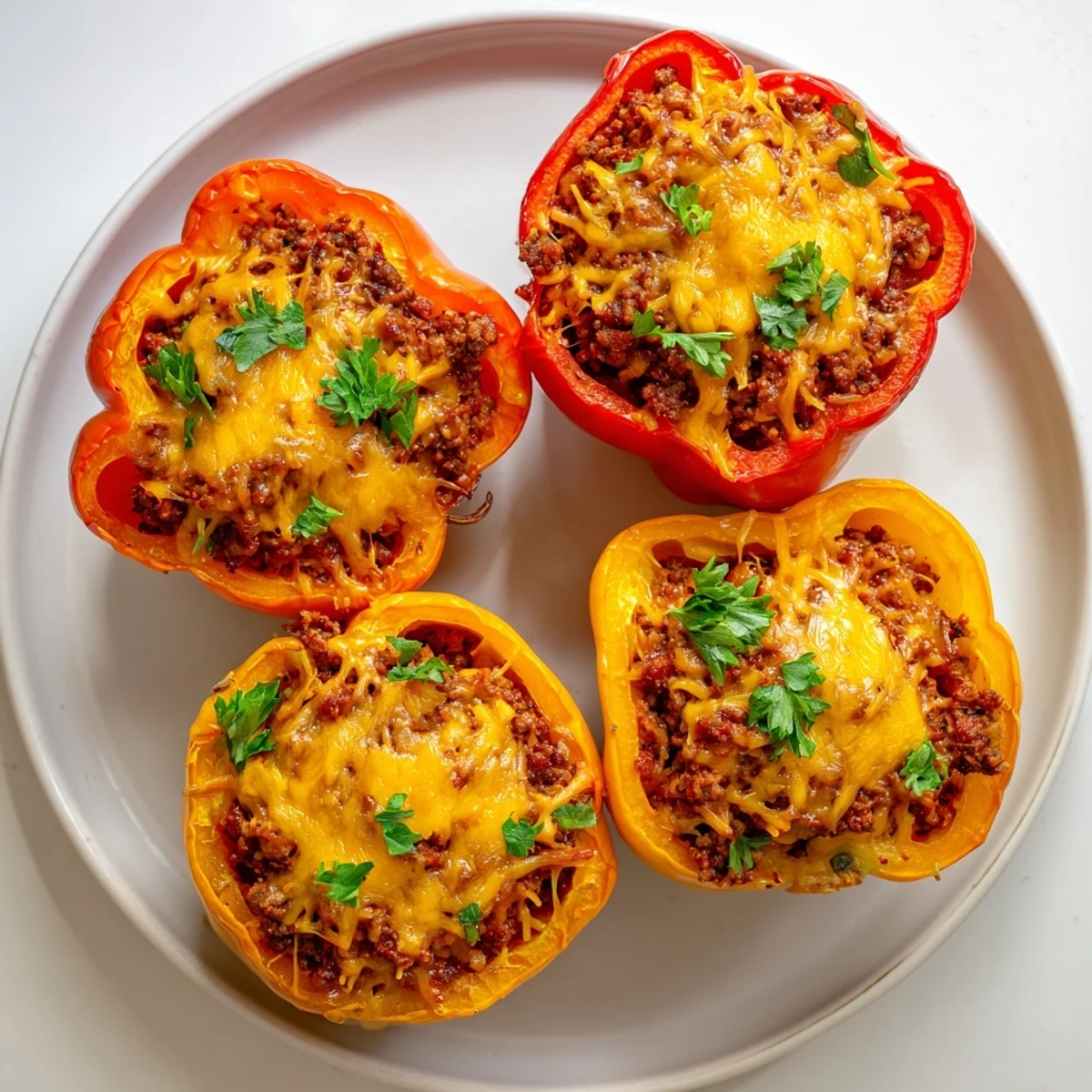 Sloppy Joe stuffed bell peppers overflowing with savory beef and bubbly, melted cheddar cheese are delicious.