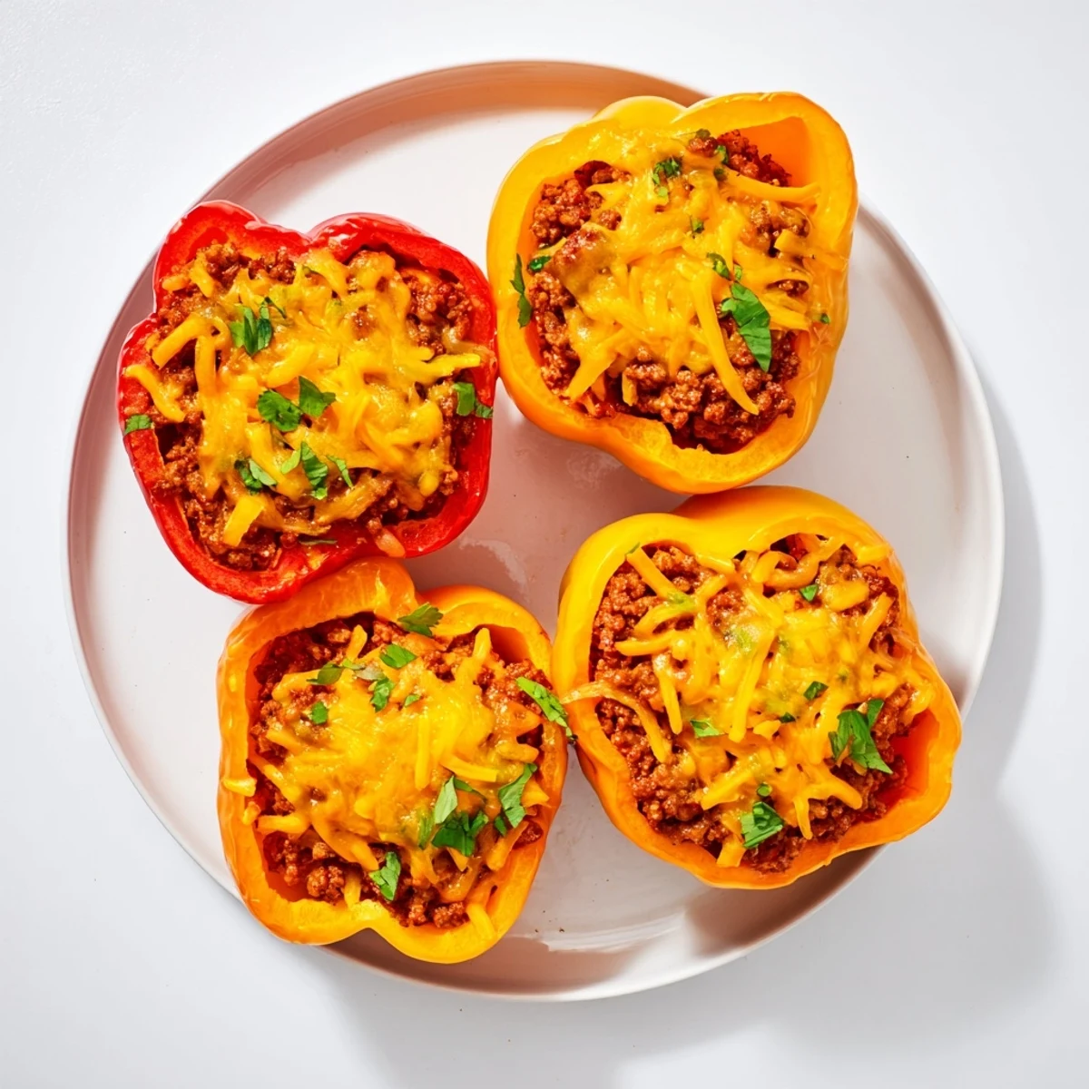 Golden-brown Sloppy Joe stuffed bell peppers rest in the baking dish, promising a hearty, comforting dinner.
