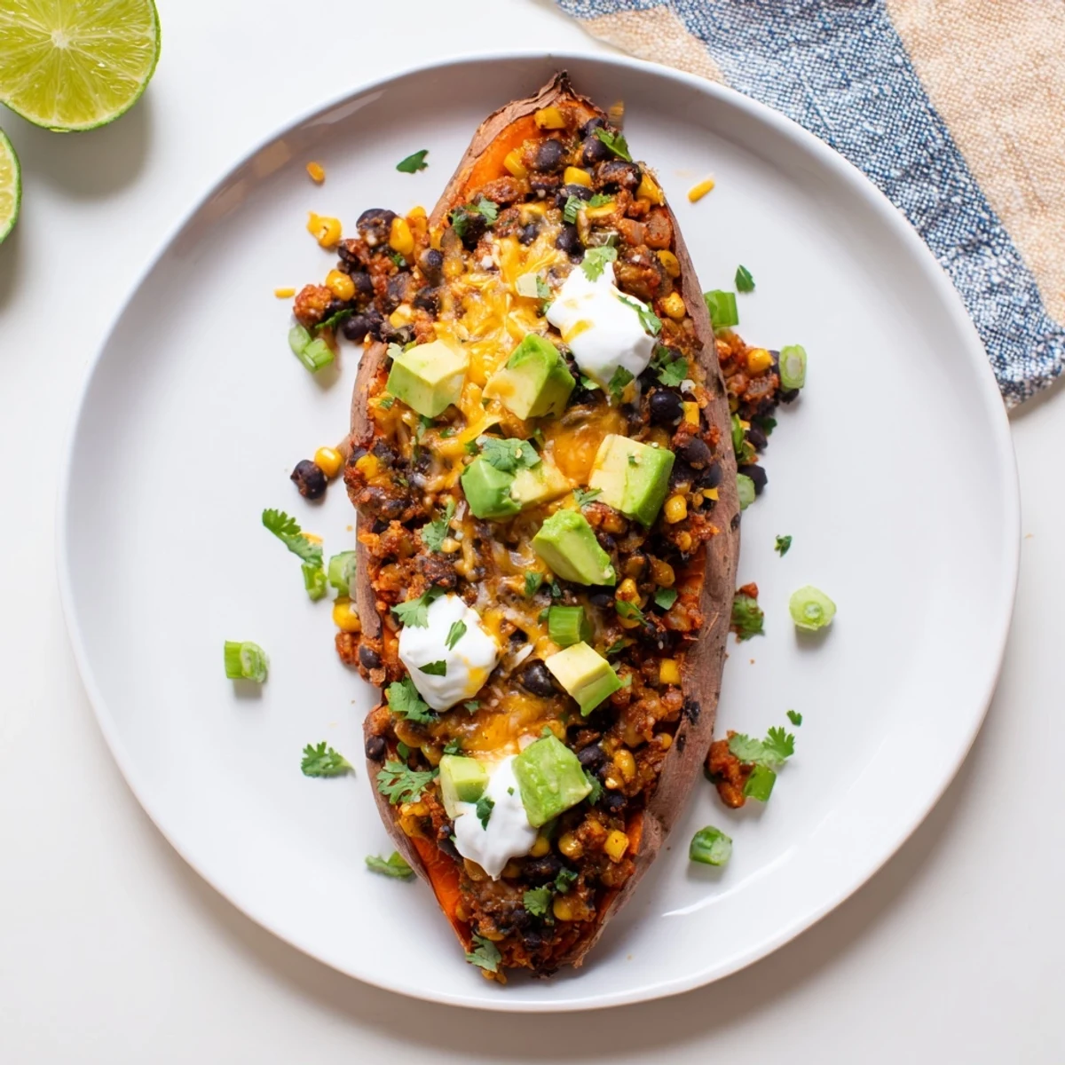 Golden, fluffy Loaded Baked Sweet Potatoes, brimming with a savory black bean and corn topping.