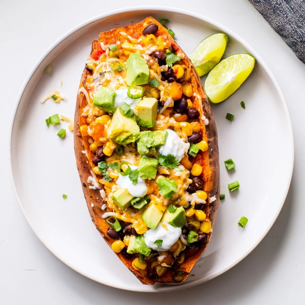 A close-up of cheesy Loaded Baked Sweet Potatoes, garnished with fresh cilantro and avocado slices.