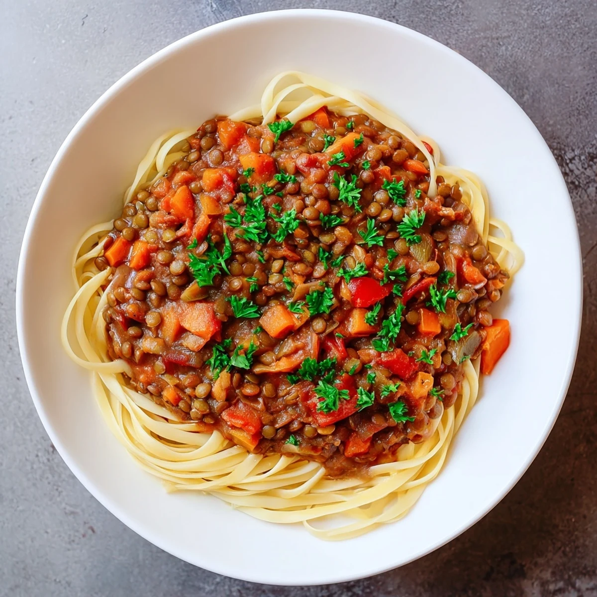 Steaming bowl of Hearty Lentil Bolognese, a rich vegan pasta dish, ready to savor.