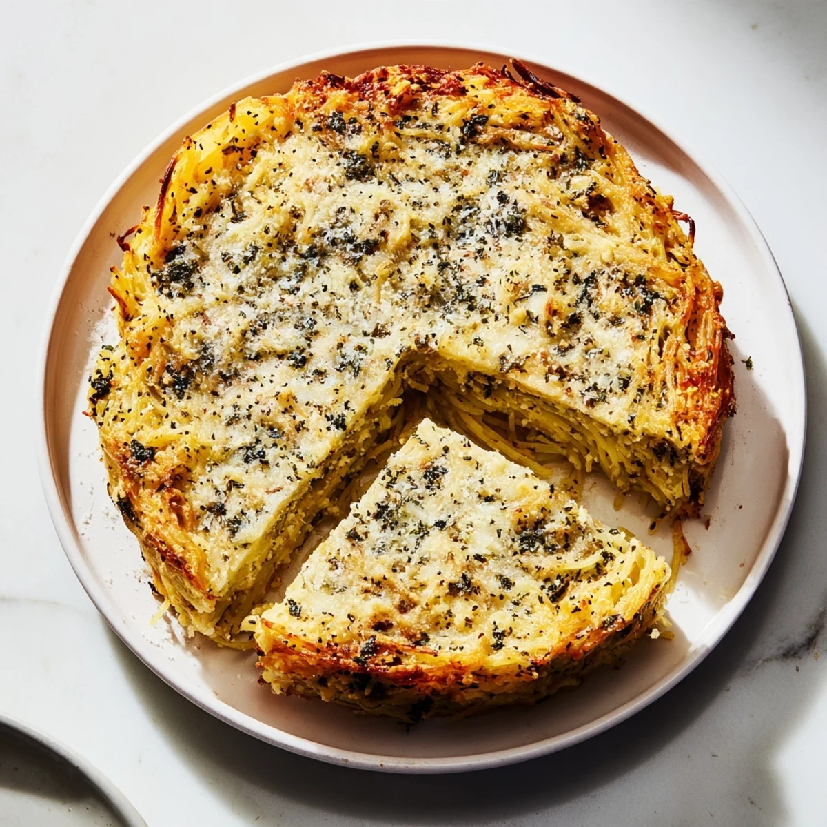 Golden, bubbly Cacio e Pepe Pasta Pie, crispy on the outside with a cheesy, tempting interior.