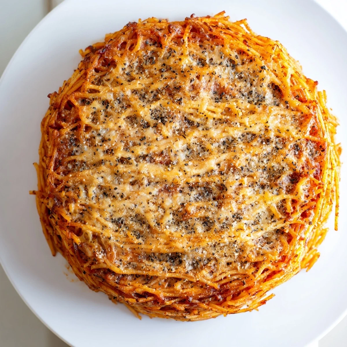 Freshly baked Cacio e Pepe Pasta Pie, featuring a perfect, crispy crust and layers of pasta.