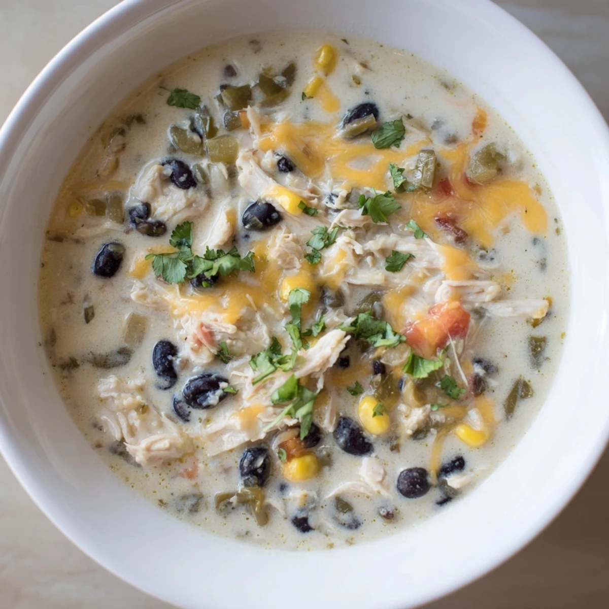 Steaming Chicken Poblano Soup, brimming with creamy texture and a sprinkle of fresh cilantro.