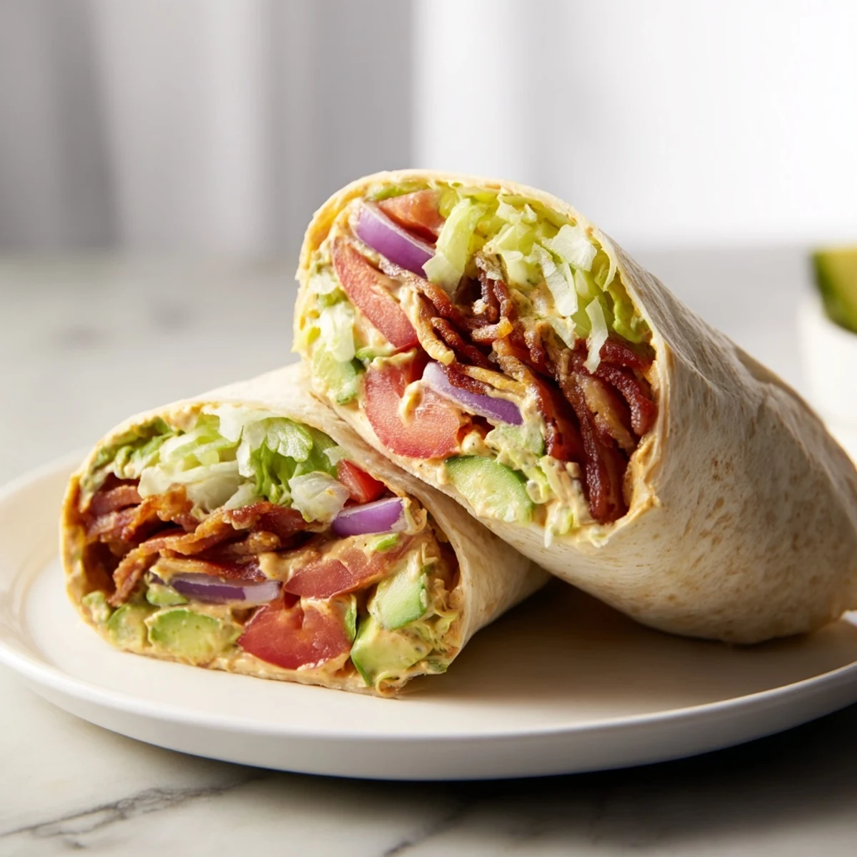 A close-up shot of Zesty BLT Wraps, showcasing layers of bacon, lettuce, and creamy chipotle mayo.