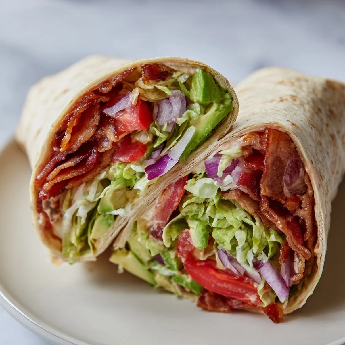 Freshly assembled Zesty BLT Wraps with avocado, ready to be sliced and enjoyed for lunch.