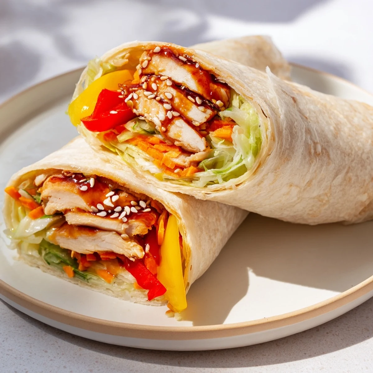 A close-up of a delicious teriyaki chicken wrap, showing juicy chicken and colorful veggies.