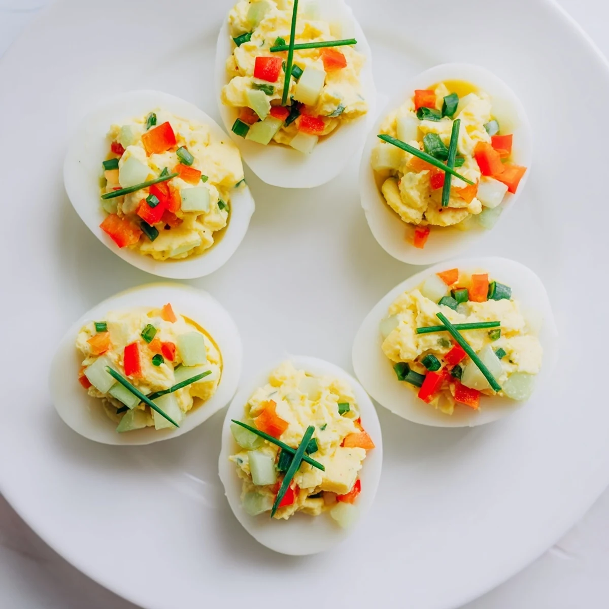 Festive deviled egg ornaments, bright red and green peppers, a delightful holiday appetizer everyone loves.