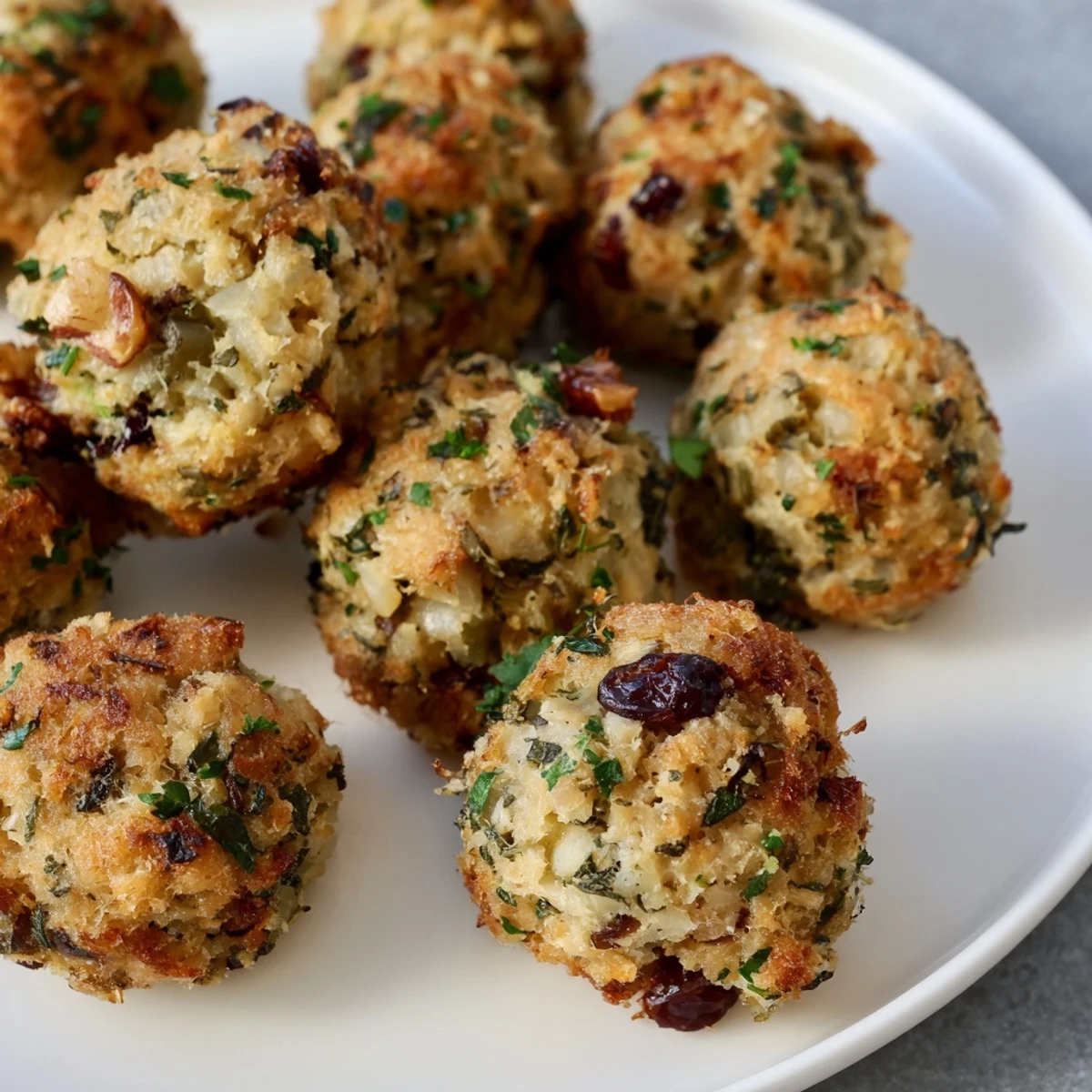 Golden-brown Quick Christmas Stuffing Balls, smelling of sage and thyme, ready to serve this holiday season.