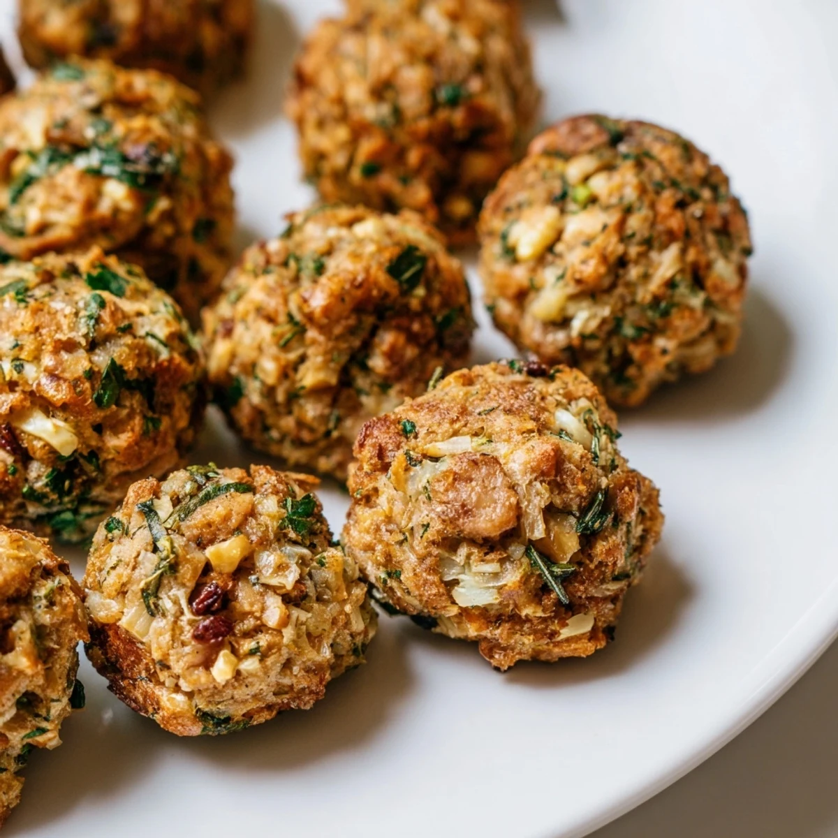 A close-up of savory Quick Christmas Stuffing Balls, showing a tender inside, and a hint of cranberries.