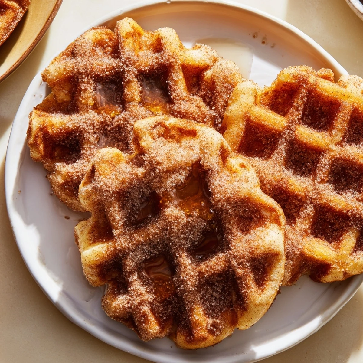 Sweet, spiced Cinnamon Sugar Churro Waffles: Fluffy waffles drizzled with cinnamon sugar, great for breakfast.