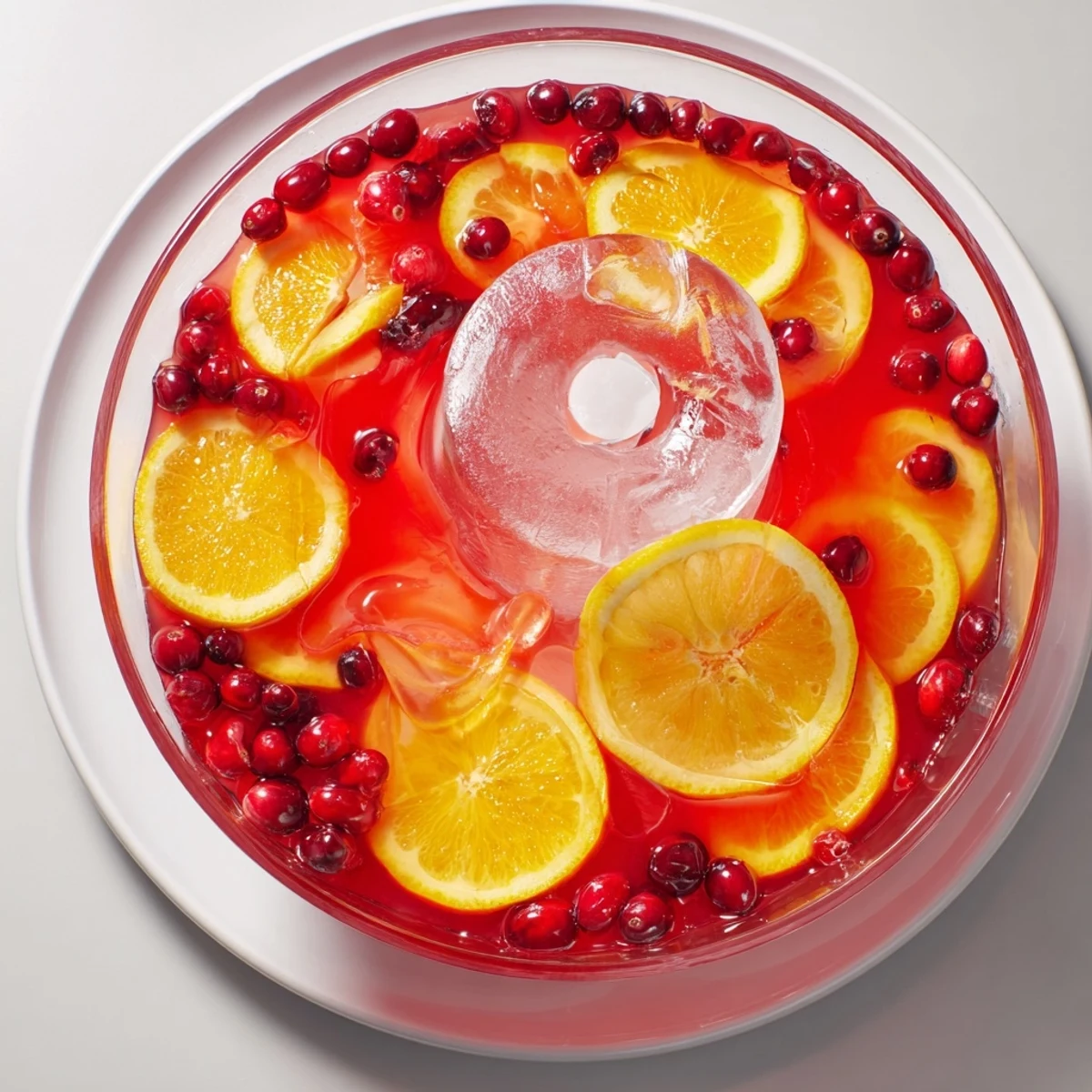 Enjoy a vibrant Quick Holiday Punch with Ice Ring, showcasing floating citrus fruits and cranberries for a festive drink.