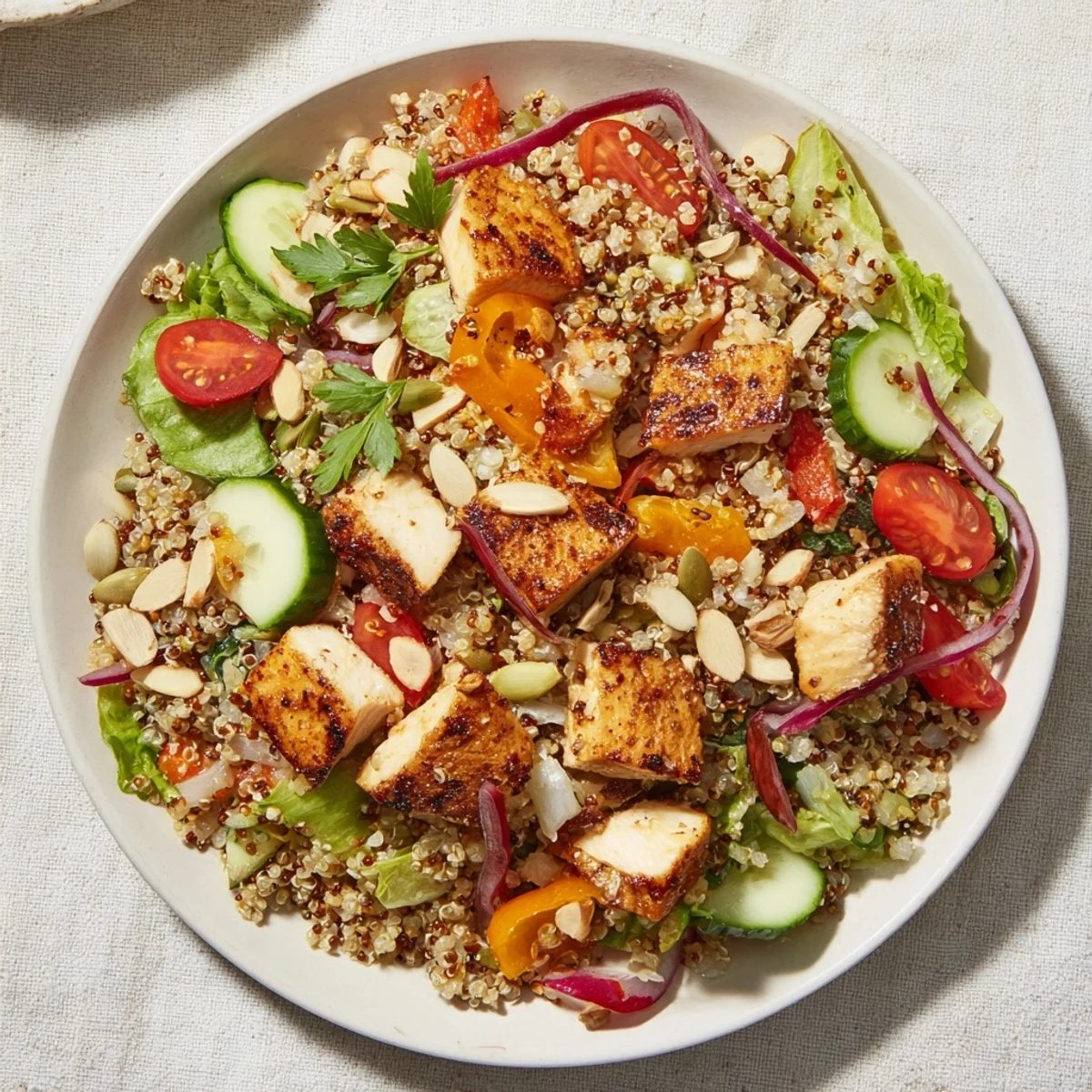 This delicious Crunchy Quinoa Chicken Salad features toasted seeds, bright lemon dressing, and tender chicken pieces.