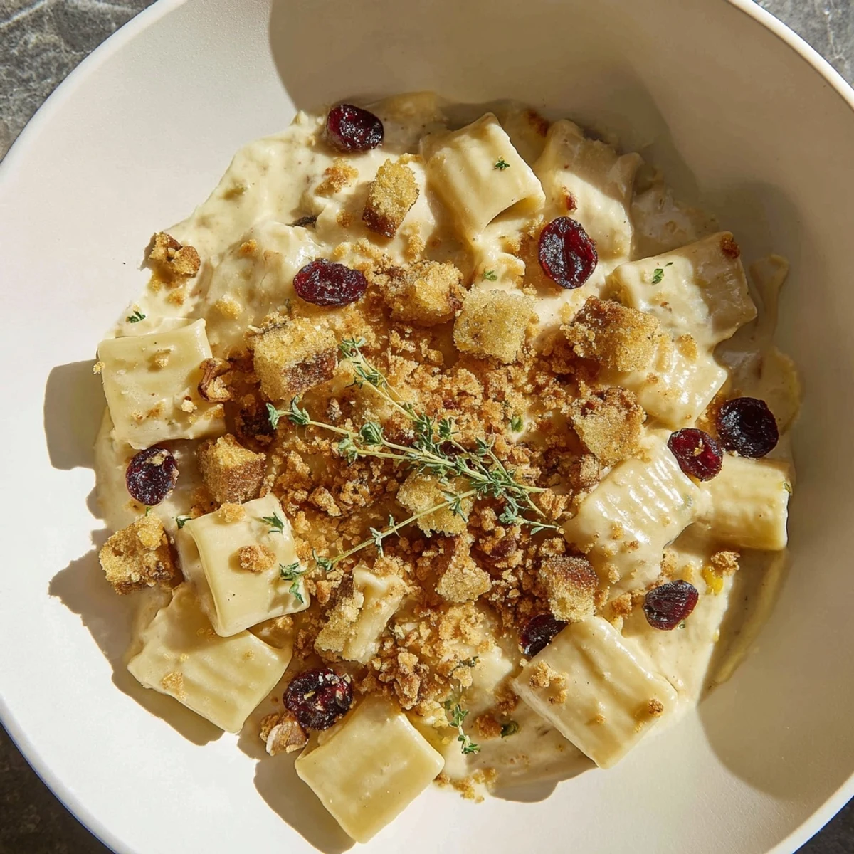 Golden, creamy Cranberry and Brie Tartlet Pasta, topped with buttery crumbs, ready to eat.