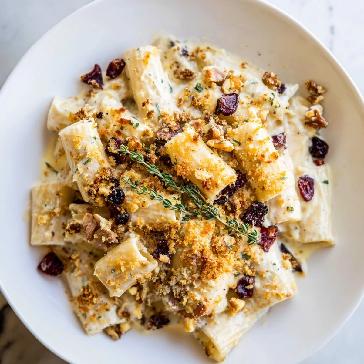Buttery, cheesy Cranberry and Brie Tartlet Pasta with cranberries and a crispy topping texture.