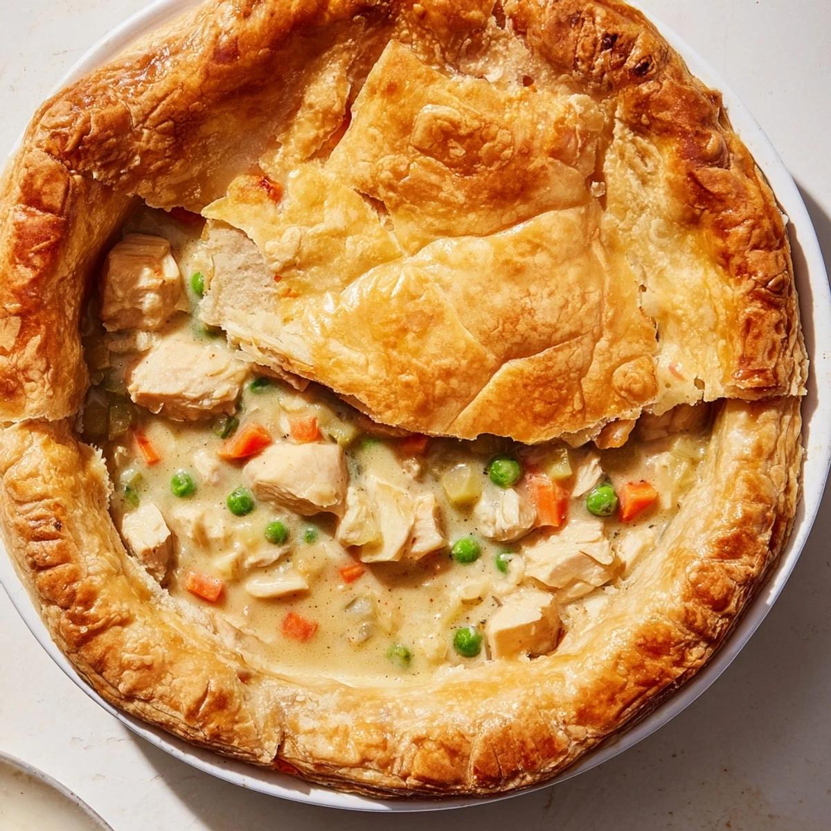 Golden, flaky crust encases warm, comforting Marry Me Chicken Pot Pie filling, ready to serve with a vibrant salad.