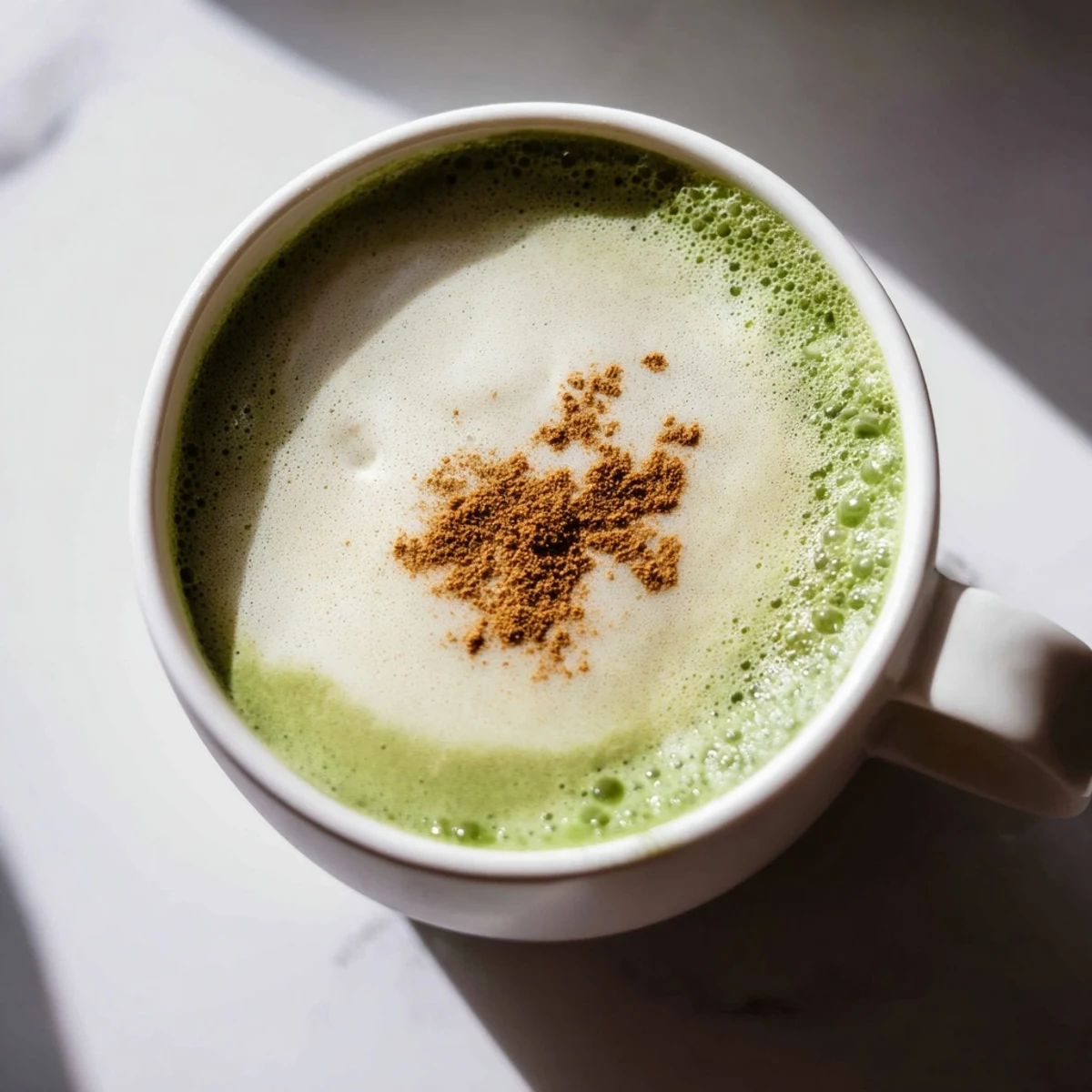 Steaming Cinnamon Maple Oat Milk Matcha Latte, garnished with cinnamon, ready to warm you up.
