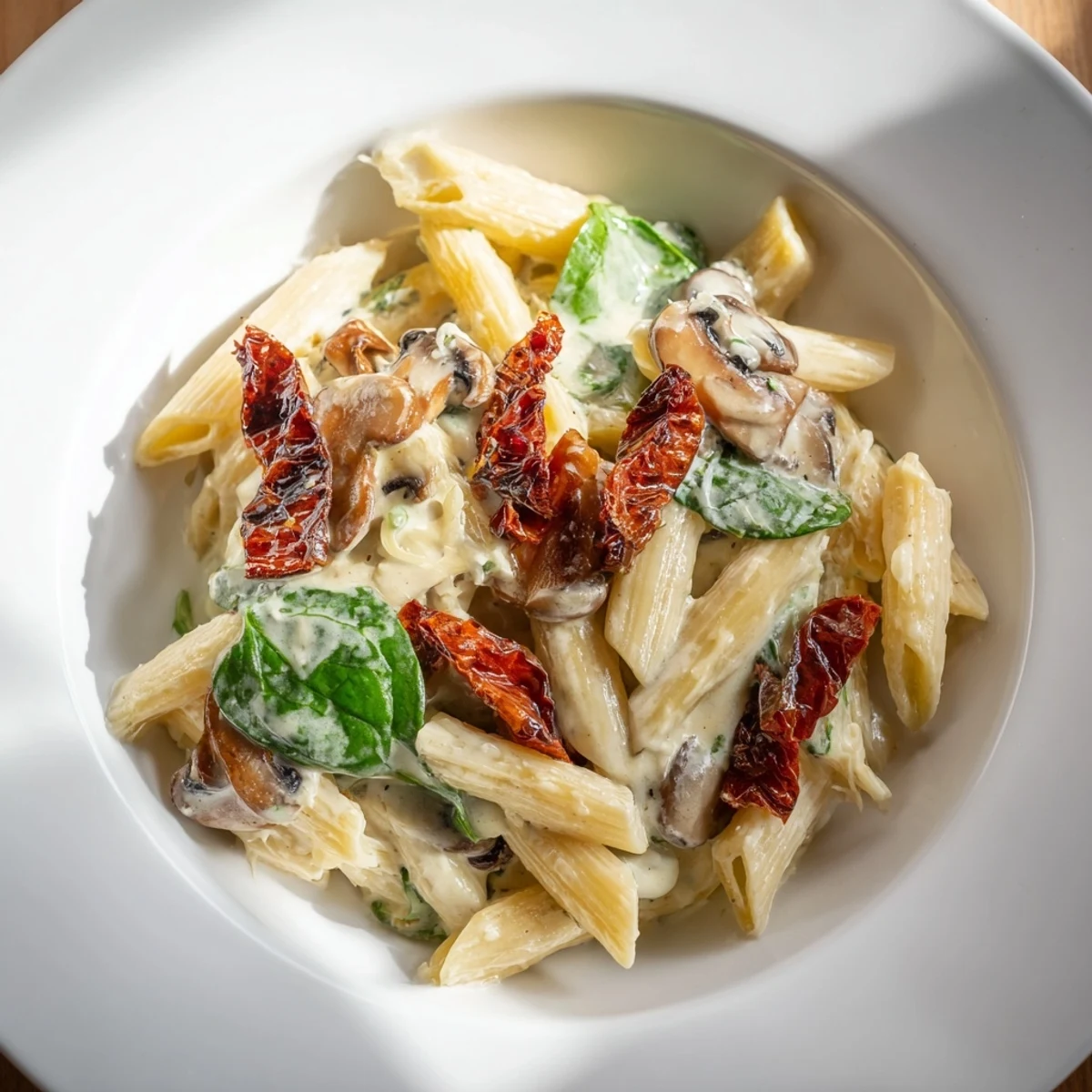 Enjoy a steaming bowl of Creamy Sun-Dried Tomato Mushroom Penne Skillet, full of savory flavors and textures.