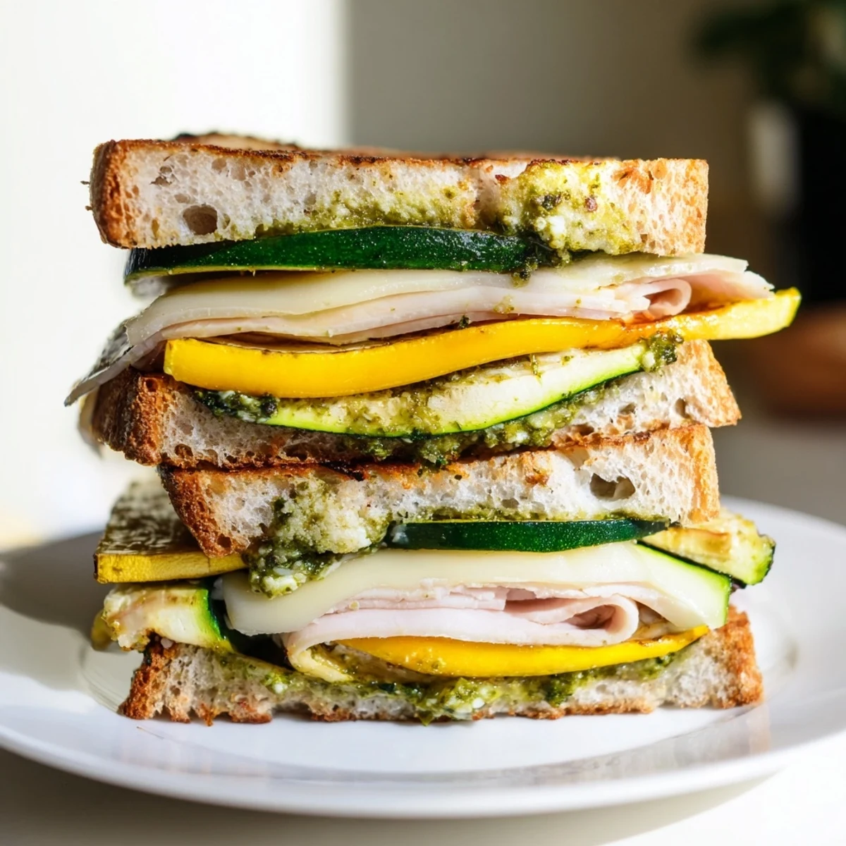Savory Pesto Turkey Zucchini Grilled Cheese Stacks with melted provolone and a vibrant basil pesto swirl.