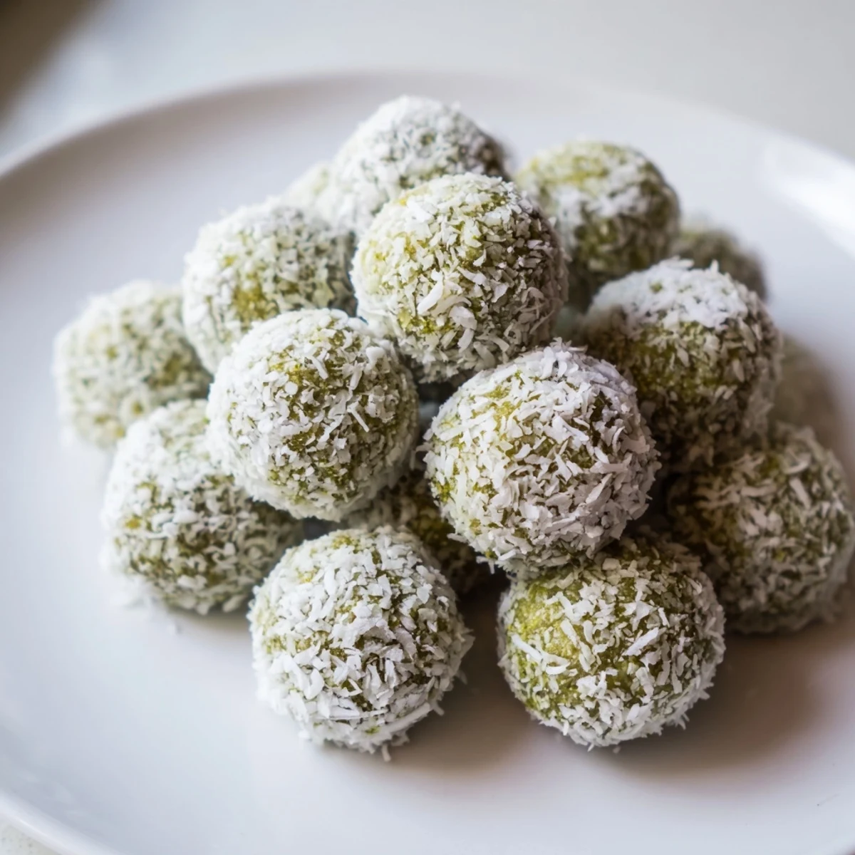 Creamy white Coconut Matcha Snowball Fat Bombs rolled in coconut, a keto-friendly dessert.