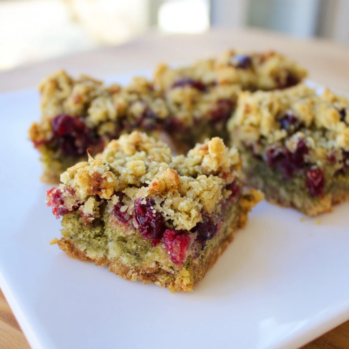 Golden-brown Matcha Cranberry Oat Crumble Breakfast Bars, with a delicious crumble topping and tart cranberries.
