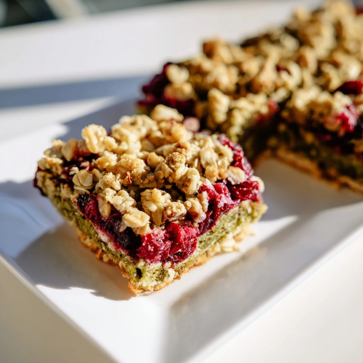Close-up of baked Matcha Cranberry Oat Crumble Breakfast Bars, showing the texture of the crumble and cranberries.